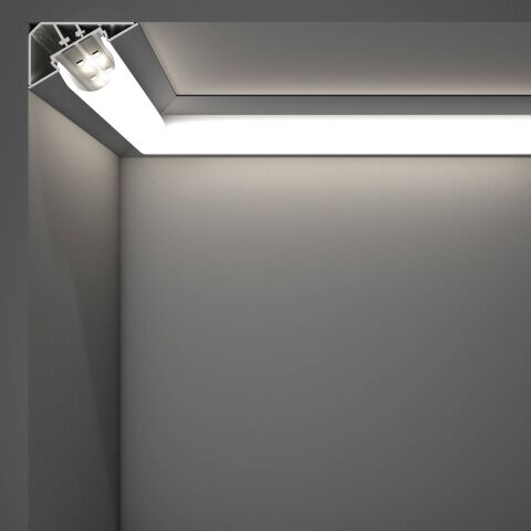 Anwendung Profil LOC-R, Beleuchtung von Arbeitflächen aus der Ecke heraus, weiß leuchtende Beleuchtung