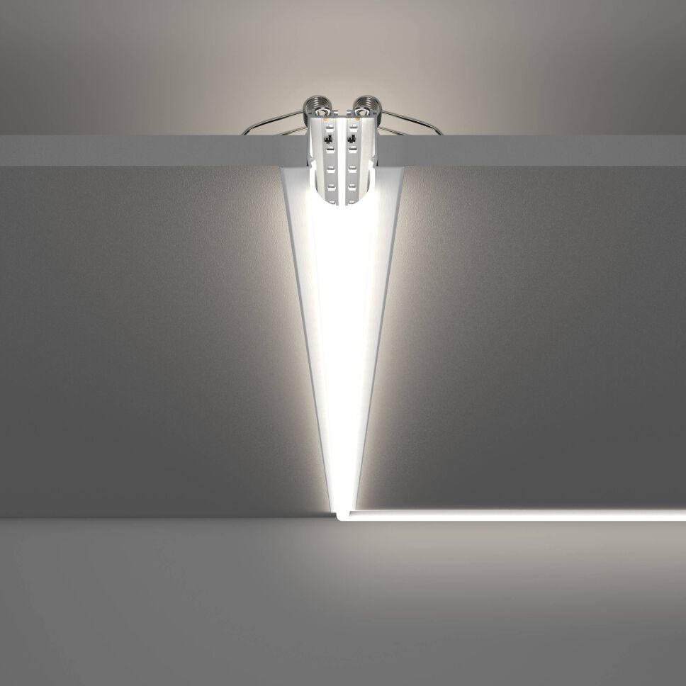 Anwendung vom LED Alu Profil LARKO-R, Deckenbeleuchtung eingelassen in Zwischendecke mit Befestigungsfeder, Licht weiß leuchtend