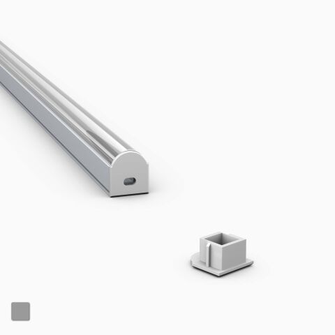 graue Kunststoff Endkappe für das Profil REGULOR mit Loch für Kabelführung, Produktbild und Anwendungsbeispiel
