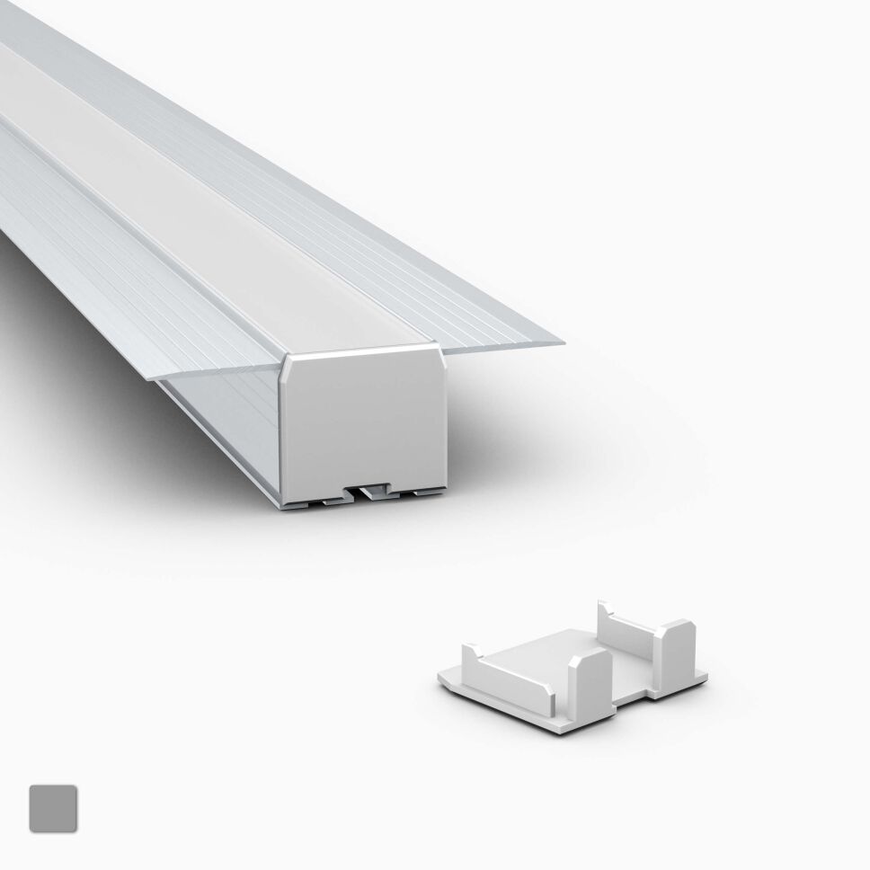 graue Endkappe aus Kunststoff passend für das LED Alu Profil KOZEL, Produktbild und Anwenundungsbeispiel