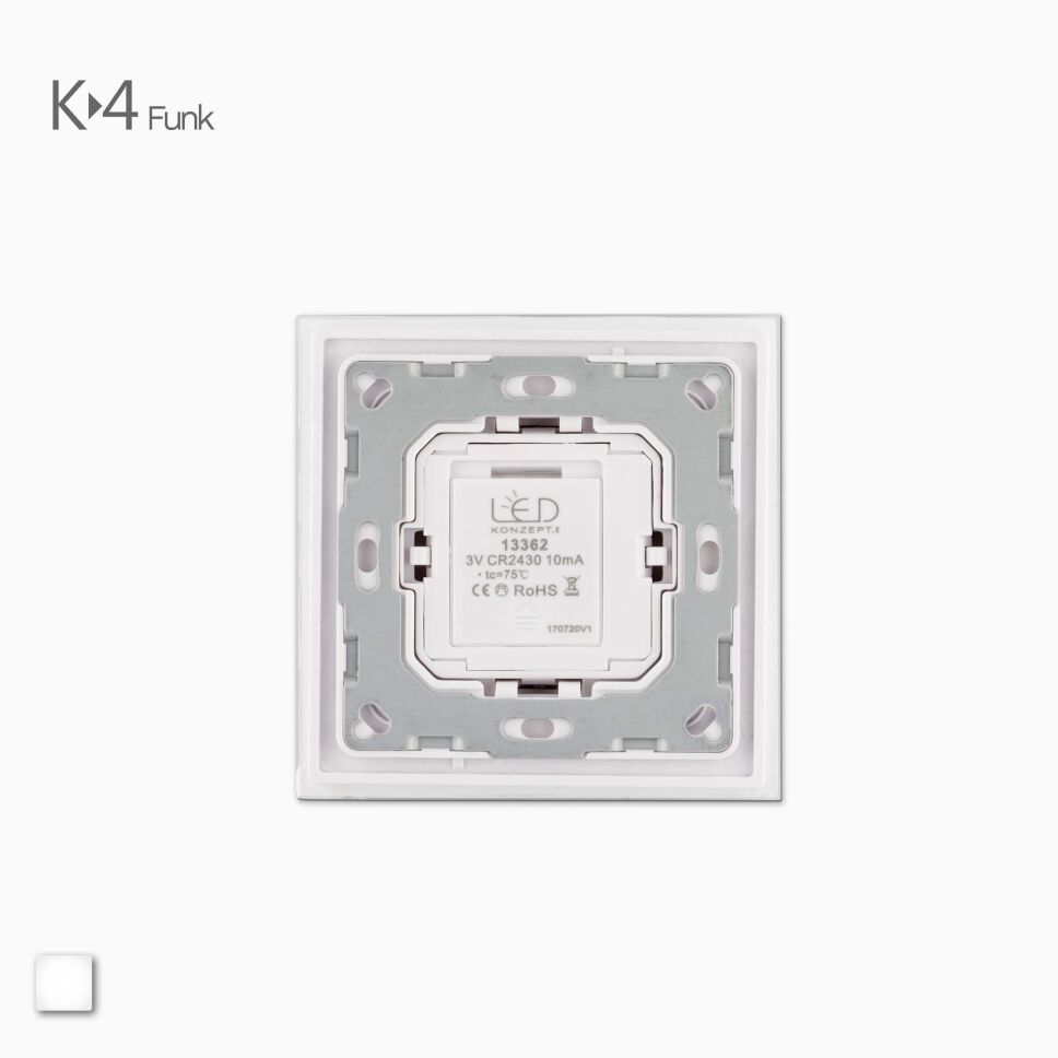 Rückseite LED Funk Wand Dimmer der K-4 Serie, weiß mit grauen Montageplatte für Hohlwanddose