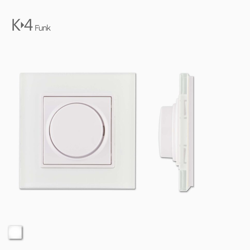 Frontsicht und Seitenansicht des K-4 Funk LED Wand-Dimmers mit Drehrad