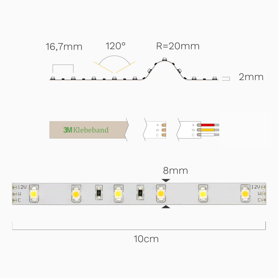 Technische Darstellung des CCT LED Streifens zeigt die einzelnen Maße und verfügbaren Anschlussarten des CCT LED Streifens