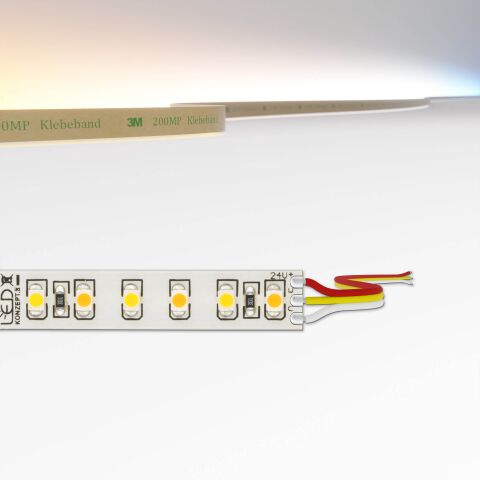 CCT LED Streifen, dicht bestückt, 10mm breit mit weißer Oberfläche, Darstellung oben im Bild zeigt die emittierte Lichtfarbe