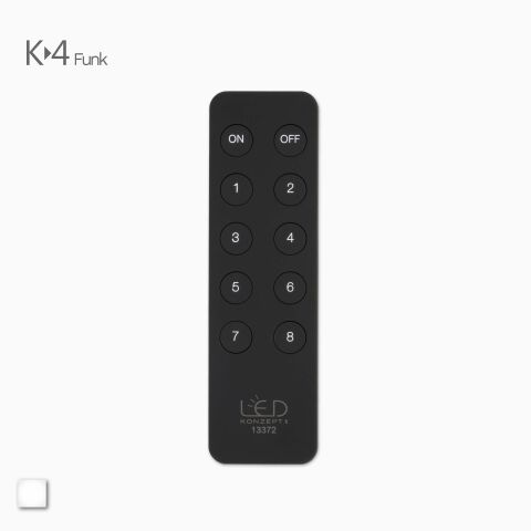 Produktbild der schwarzen K-4 LED Funk Fernbedienung zur Steuerung von einfarbigen LED Streifen in 8 Zonen