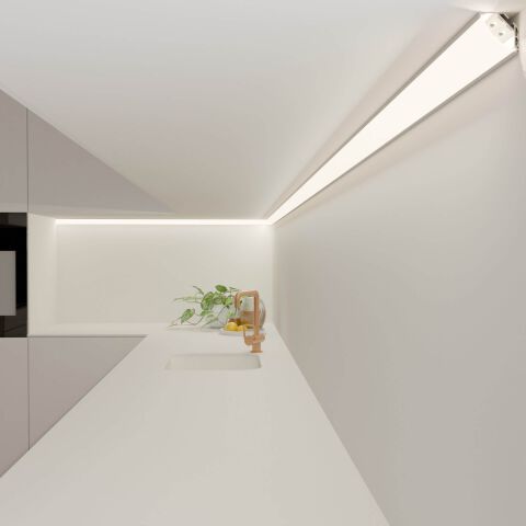 Anwendung, Küchenbeleuchtung unterm Hängeschrank aus der Ecke zur Beleuchtung der Arbeitsfläche