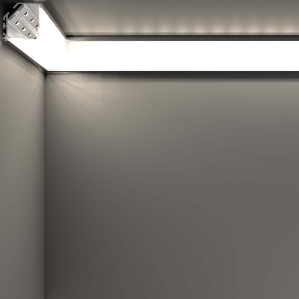 LED Beleuchtung mit dem Profil KOPRO-E aus der Ecke heraus, weiß leuchtend
