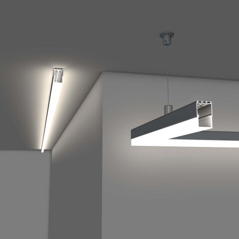 Anwendung vom LED Alu Profil LIPOD-E als Hängeleuchte und mit Aufputzmontage mit Illustration des Öffnungswinkels