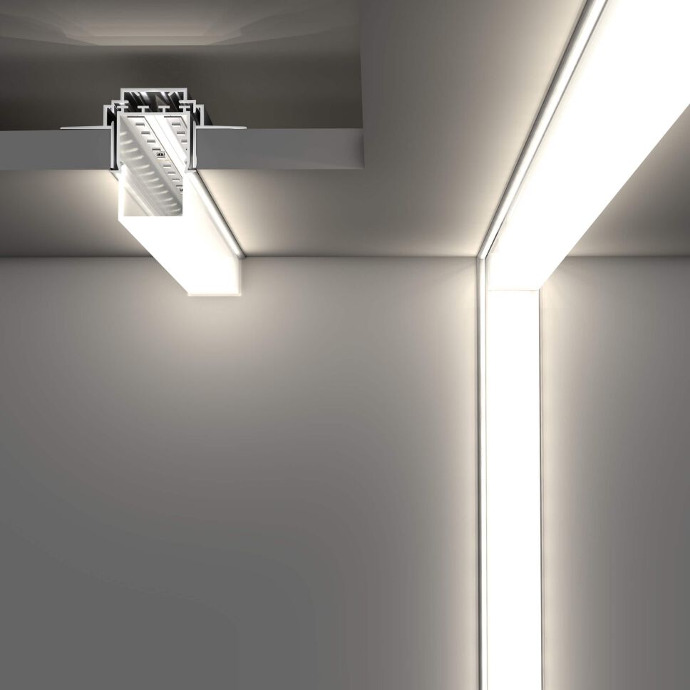 Anwendung LED Alu Profil LOKOM-E mit eckiger Abdeckung, minimalistische Deckenbeleuchtung an Massiv- oder Zwischendecke