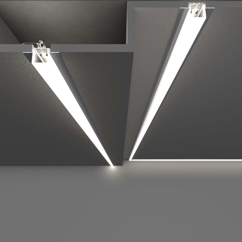 Anwendung OPAC-E als Deckenbeleuchtung, dargestellt mit Montage an Zwischendecke und an Massivdecke, weiß leuchtend