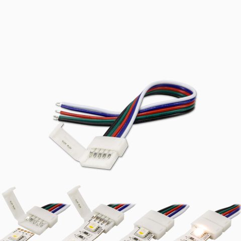 Schnellverbinder für RGBW LED Streifen mit 12mm Breite. Schnellverbinder auf der einen Seite, blanke Litzen auf der anderen Seite.