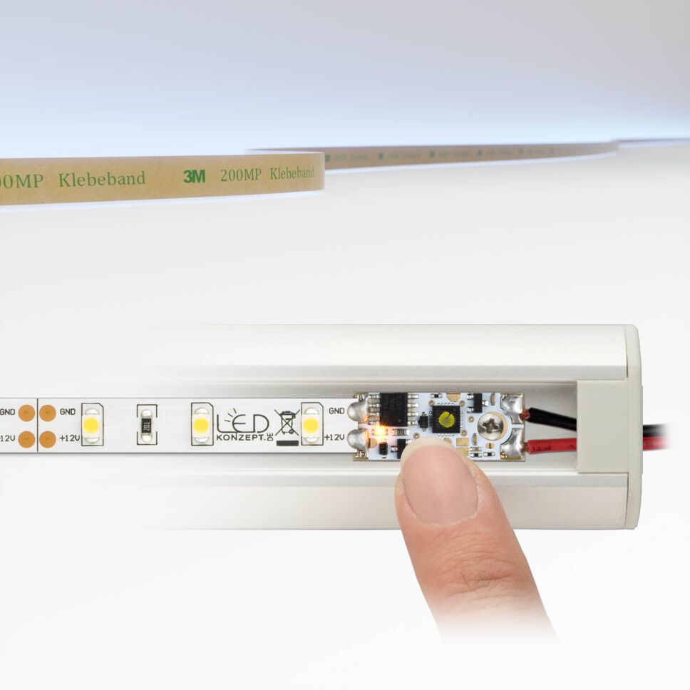 monochromer LED Streifen mit Profil-Dimmer im Profil, Draufsicht. Oben ist die Lichtfarbe dargestellt