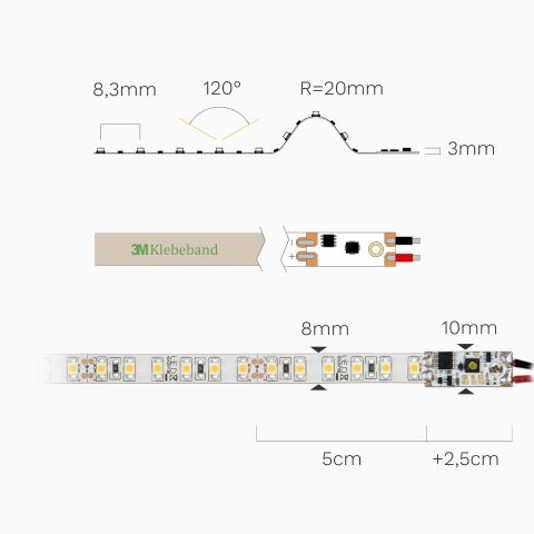 Darstellung vom warmweiß leuchtenden 24V LED Streifen mit 3000K und Profil-Dimmer. Technische Zeichnung ist bemaßt